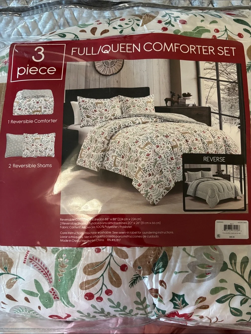 Full/Queen Reversible Comforter Set - Festive White & Green-Holiday Deer